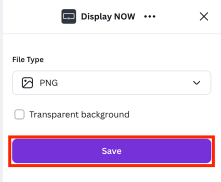 Screenshot of of the share option with the drop down option highlighted to select the file format. Then "Save" option highlighted to save your design.