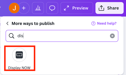 Screenshot of the share option with Display NOW option highlighted under More Options. 
