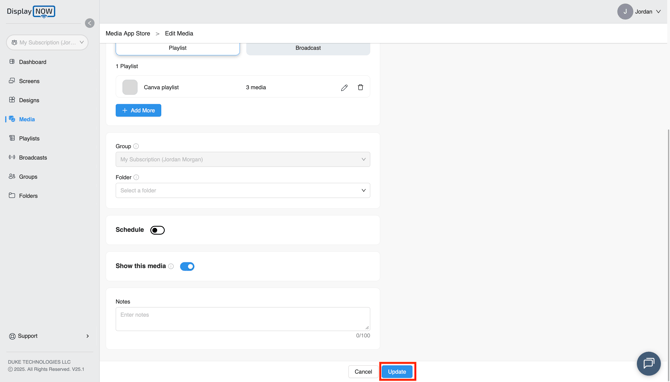 Screenshot of the Display NOW Manager with the "update" button highlighted at the bottom of the screen. 