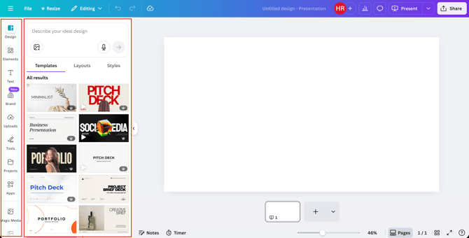 Screenshot of Canva designer canvas with the templates column highlighted on the left side of the screen. 