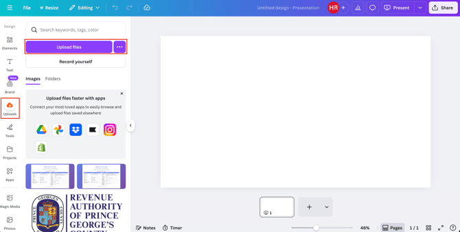 Screenshot of Upload option in Canva designer