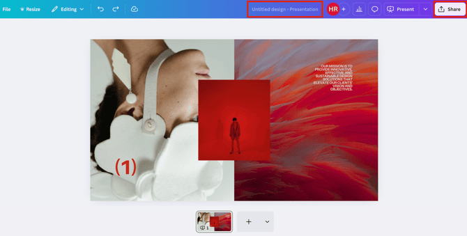 Screenshot of Canva designer with the "untitled design" column and "share" option highlighted. 