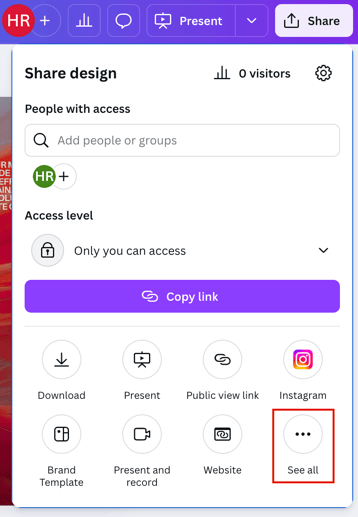 Screenshot of Share option with "See all" option highlighted.