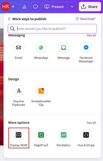 Screenshot of the share option with Display NOW option highlighted under More Options. 