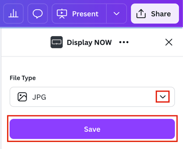 Screenshot of of the share option with the drop down option highlighted to select the file format. Then "Save" option highlighted to save your design.