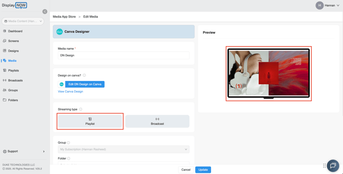 Screenshot of Display NOW Manager > Canva Media App.