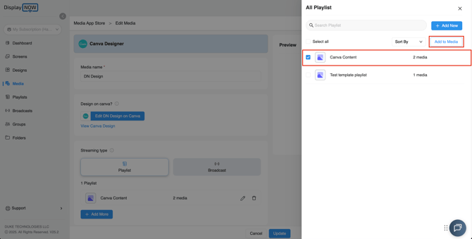 Screenshot of Canva media added to the playlist on the right hand panel of the screen. with the "add to media" tab highlighted. 