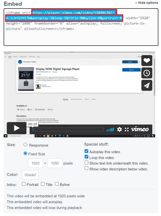 Embed your Vimeo videos and loop them